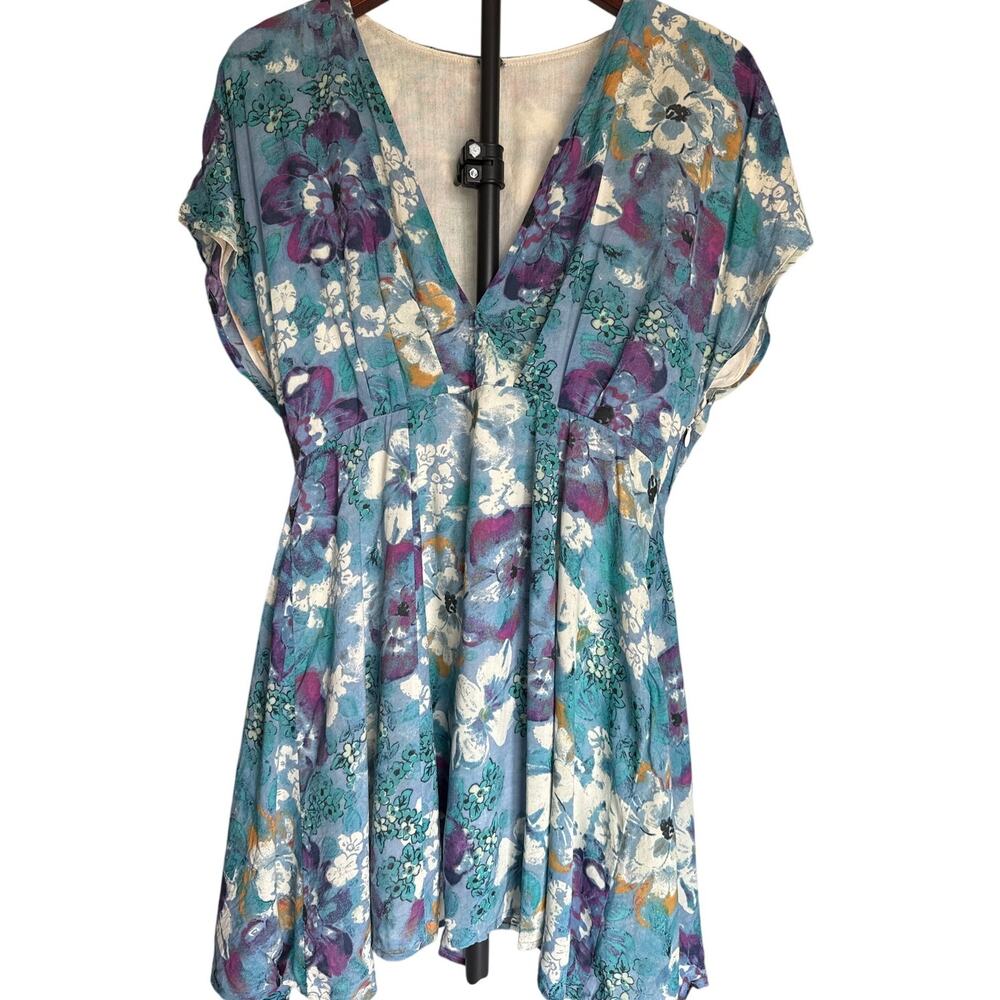 Free People Freddy Mini Dress Small Blue Purple Floral Boho Festival Vacation